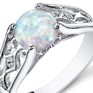 PEORA Created White Fire Opal Ring for Women 925 Sterling Silver, Venetian Vintage Design, 1.25 Carats Round Shape 7mm, Size 8