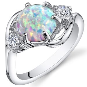 PEORA Created White Fire Opal Ring for Women 925 Sterling Silver, Stunning 3-Stone Design, 1.75 Carats Round Shape 8mm, Size 7