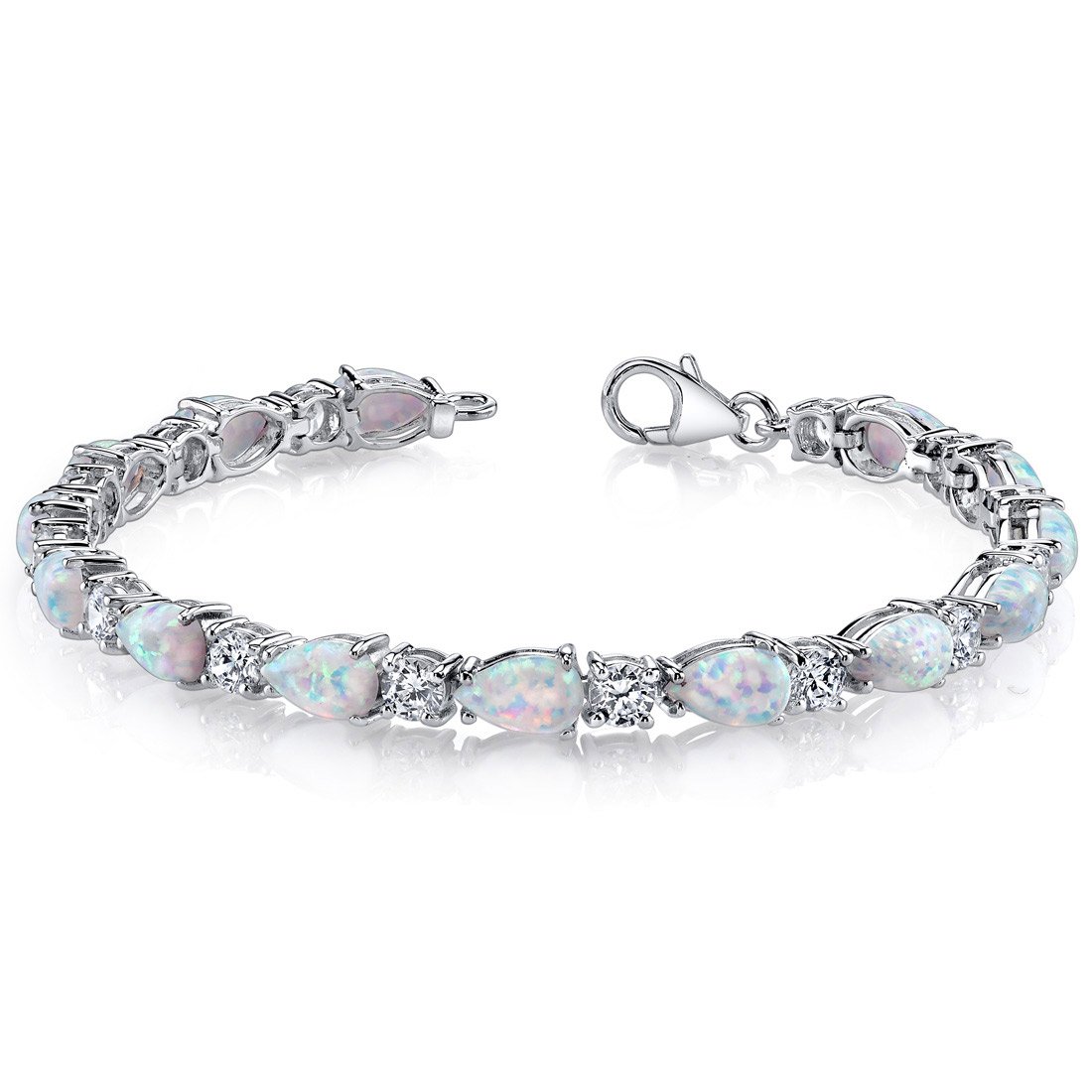 PEORA 10 Carats Created White Fire Opal Teardrop Tennis Bracelet for Women 925 Sterling Silver, Pear Shape 8x5mm, 7.25 inch length