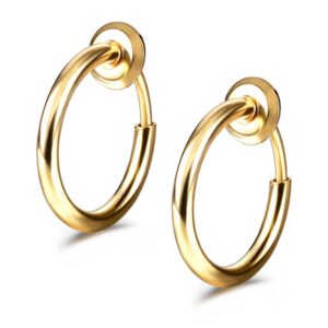 JewelrieShop Retractable Earrings Fake Hoop Fake Nose Ring Non Pierced Earrings Fake Cartilage Piercing Clip on Nose Ring for Women (Gold, 1 Pair)