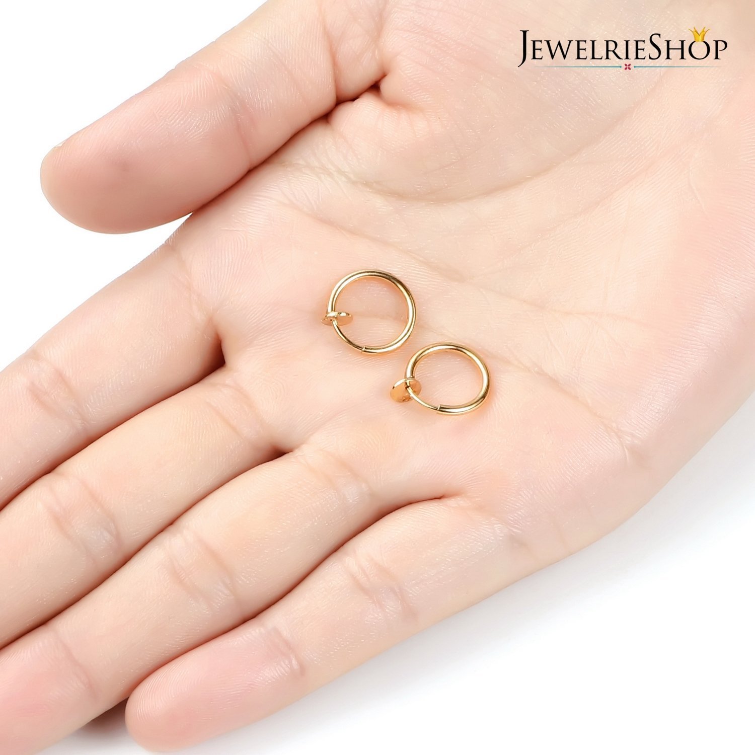 JewelrieShop Retractable Earrings Fake Hoop Fake Nose Ring Non Pierced Earrings Fake Cartilage Piercing Clip on Nose Ring for Women (Gold, 1 Pair)