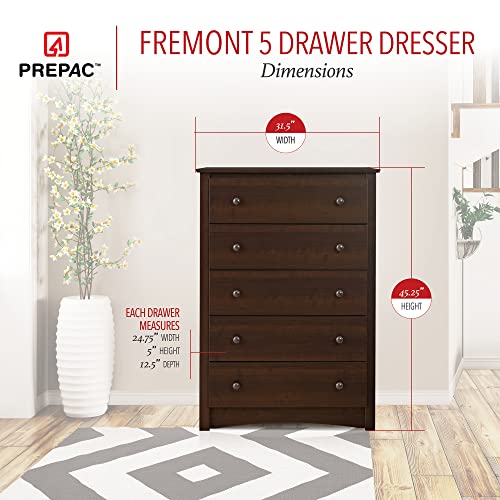 Prepac Fremont Superior 5-Drawer Chest for Bedroom - Spacious and Stylish Chest of Drawers, Measuring 17.75"D x 31.5"W x 44.75"H, In Espresso Finish