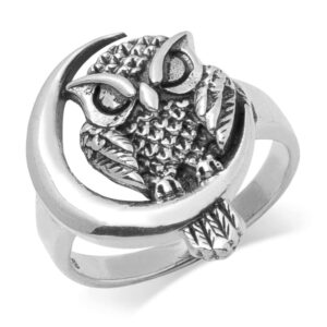 sterling silver midnight owl and moon ring - size 7