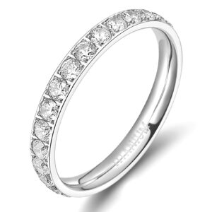 TIGRADE 3mm Women Titanium Engagement Ring Cubic Zirconia Eternity Wedding Band Size 3 to 13.5(Silver, 8)