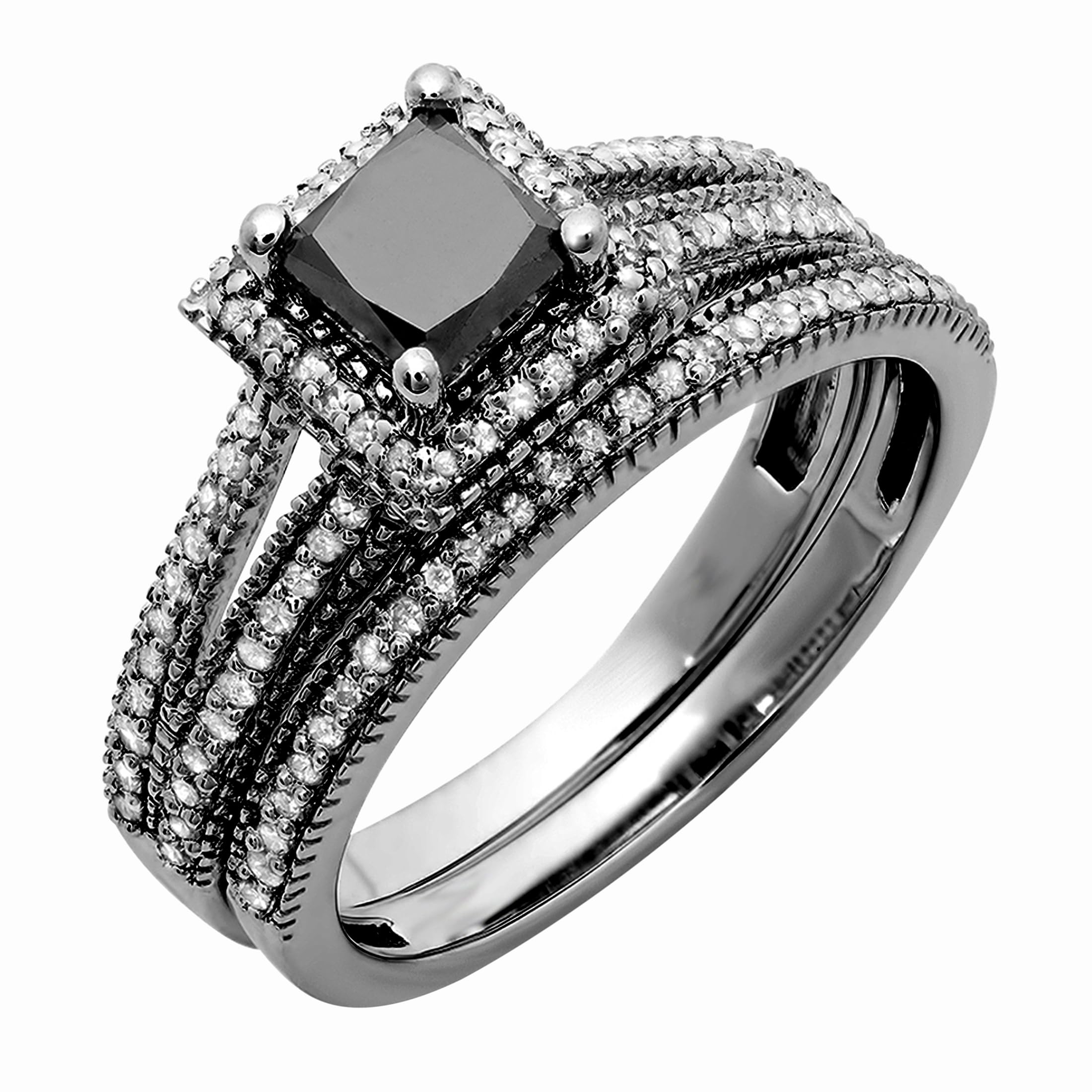 Dazzlingrock Collection 1.35 Carat (Cttw) Princess Black & Round White Diamond Split Shank Halo Wedding Ring Set for Women in Black Plated 14K White Gold, Size 7