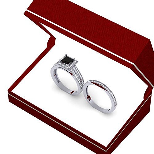 Dazzlingrock Collection 1.35 Carat (Cttw) Princess Black & Round White Diamond Split Shank Halo Wedding Ring Set for Women in 14K Solid White Gold, Size 8