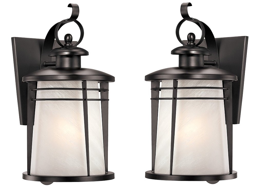 Westinghouse Senecaville One-Light Exterior Wall Lantern, Weathered Bronze Finish on Steel with White Alabaster Glass - 2 Pack