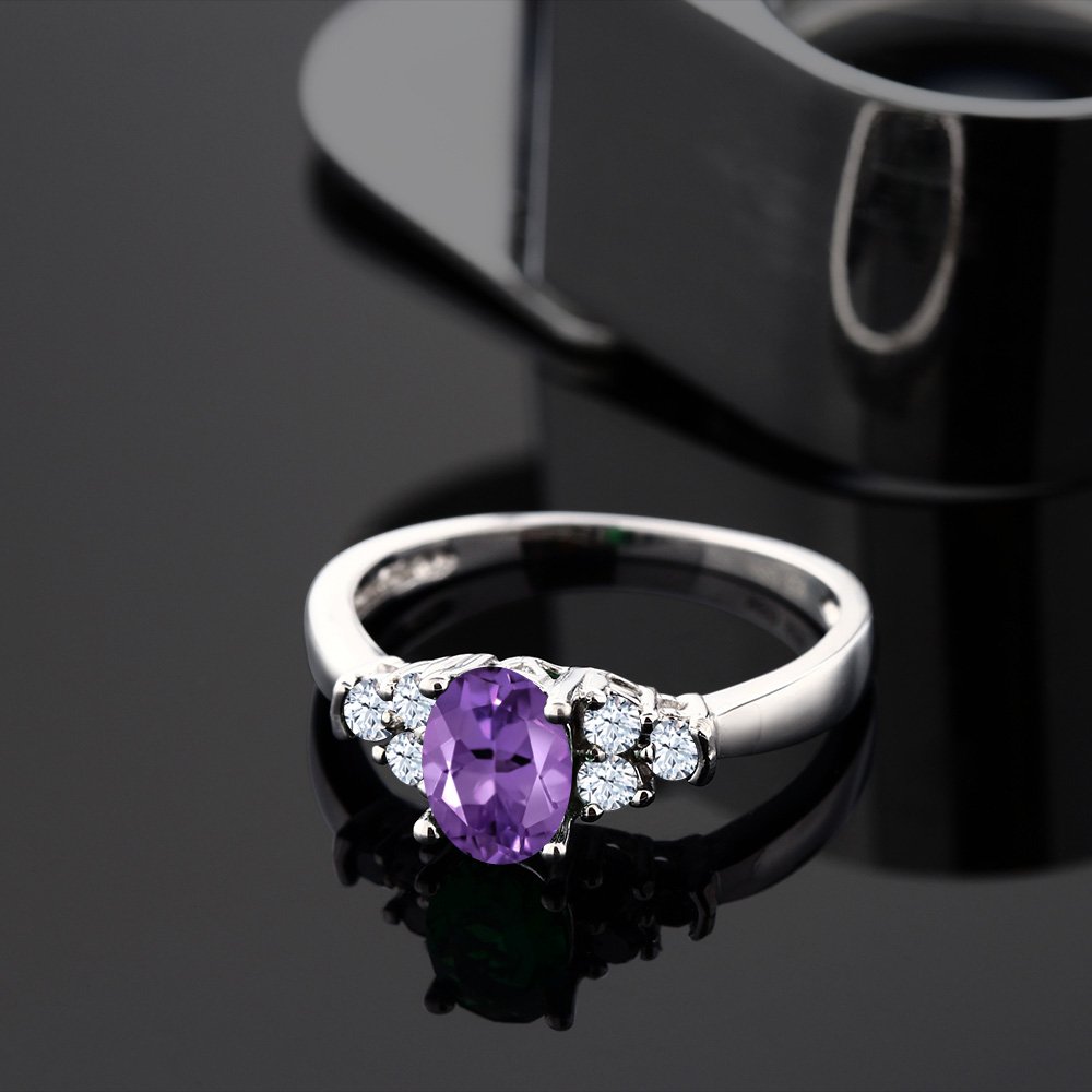 Gem Stone King 925 Sterling Silver Purple Amethyst and White Topaz Engagement Ring For Women (0.69 Cttw, Oval 6X4MM, Gemstone Birthstone, Available In Size 5, 6, 7, 8, 9)