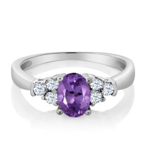 Gem Stone King 925 Sterling Silver Purple Amethyst and White Topaz Engagement Ring For Women (0.69 Cttw, Oval 6X4MM, Gemstone Birthstone, Available In Size 5, 6, 7, 8, 9)