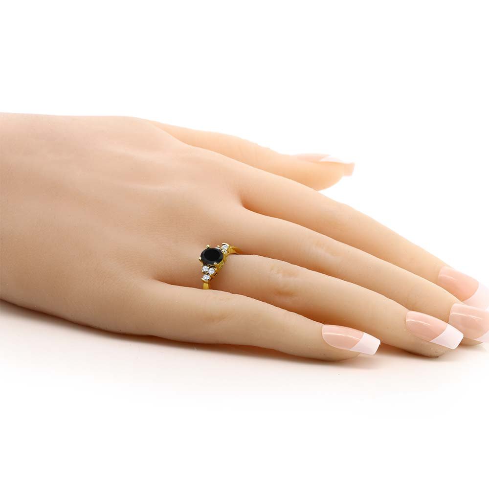 Gem Stone King 18K Yellow Gold Plated Silver Black Onyx and White Topaz Ring For Women (0.63 Cttw, Gemstone Birthstone, Available In Size 5, 6, 7, 8, 9)