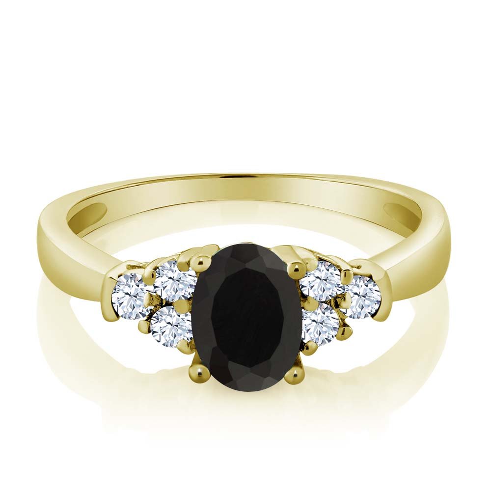 Gem Stone King 18K Yellow Gold Plated Silver Black Onyx and White Topaz Ring For Women (0.63 Cttw, Gemstone Birthstone, Available In Size 5, 6, 7, 8, 9)