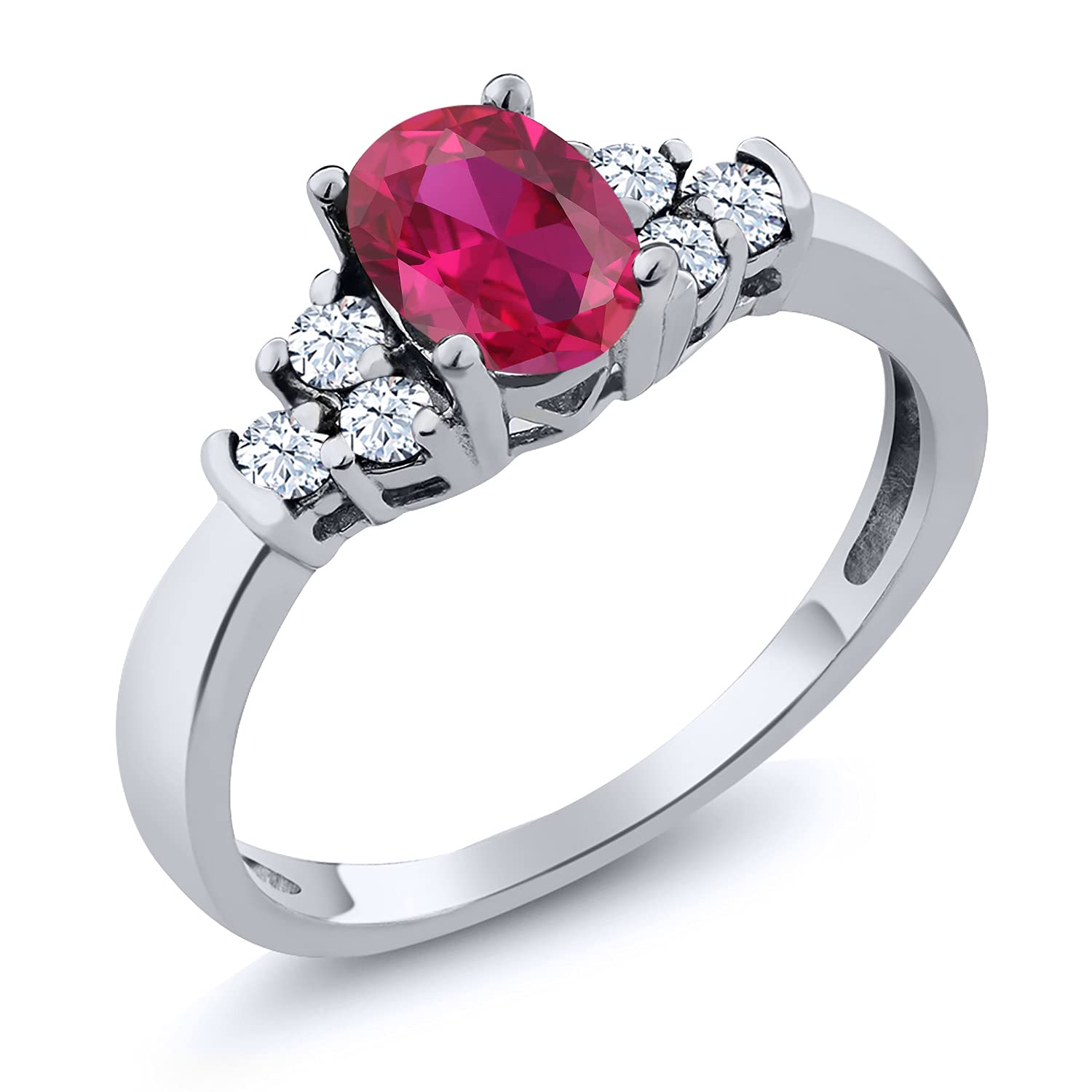 Gem Stone King 925 Sterling Silver Oval Red Created Ruby and White Topaz Ring For Women (0.74 Cttw, Available In Size 5, 6, 7, 8, 9)