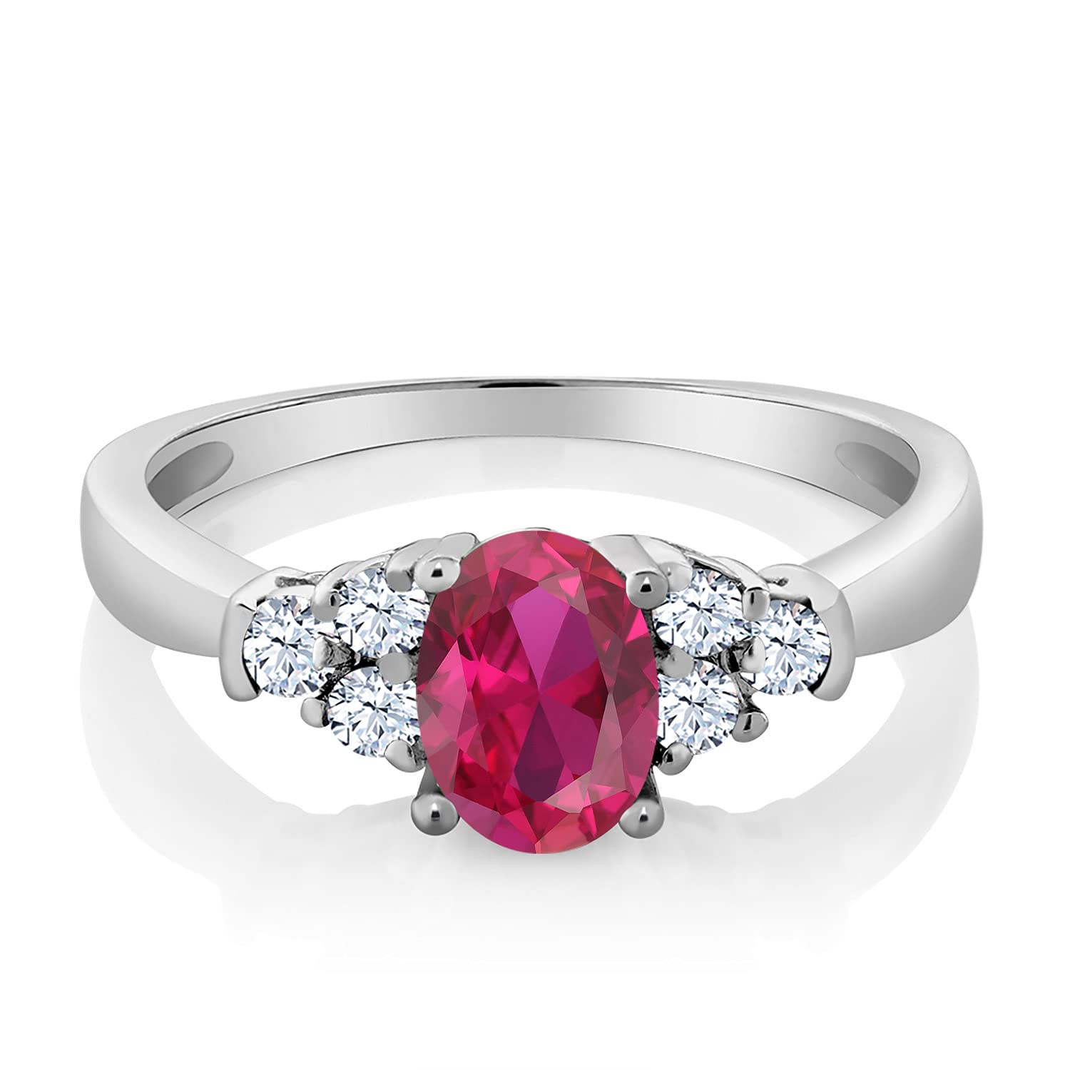 Gem Stone King 925 Sterling Silver Oval Red Created Ruby and White Topaz Ring For Women (0.74 Cttw, Available In Size 5, 6, 7, 8, 9)