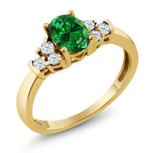 Gem Stone King 18K Yellow Gold Plated Silver Green Simulated Emerald and White Topaz Engagement Ring For Women (0.92 Cttw, Available in size 5, 6, 7, 8, 9)