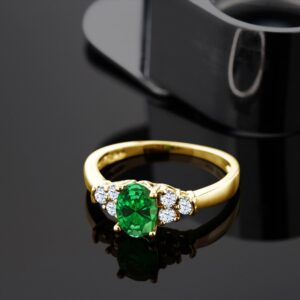 Gem Stone King 18K Yellow Gold Plated Silver Green Simulated Emerald and White Topaz Engagement Ring For Women (0.92 Cttw, Available in size 5, 6, 7, 8, 9)