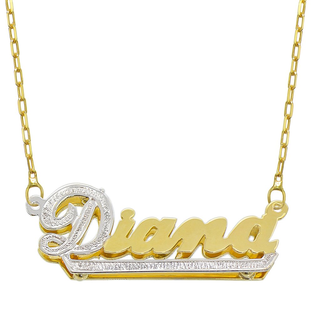 Pyramid Jewelry 14K Two Tone Gold Personalized Double Plate 3D Name Necklace - Style 7 (18 Inches, Oval Rolo Chain)