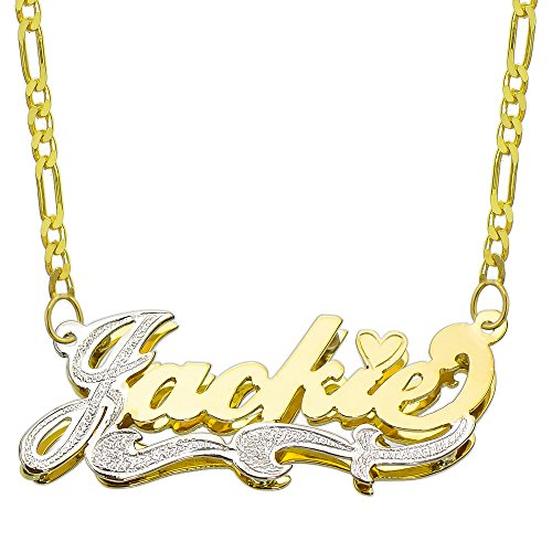 Pyramid Jewelry 14K Two Tone Gold Personalized Double Plate 3D Name Necklace - Style 2 (16 Inches, Light Figaro Chain)