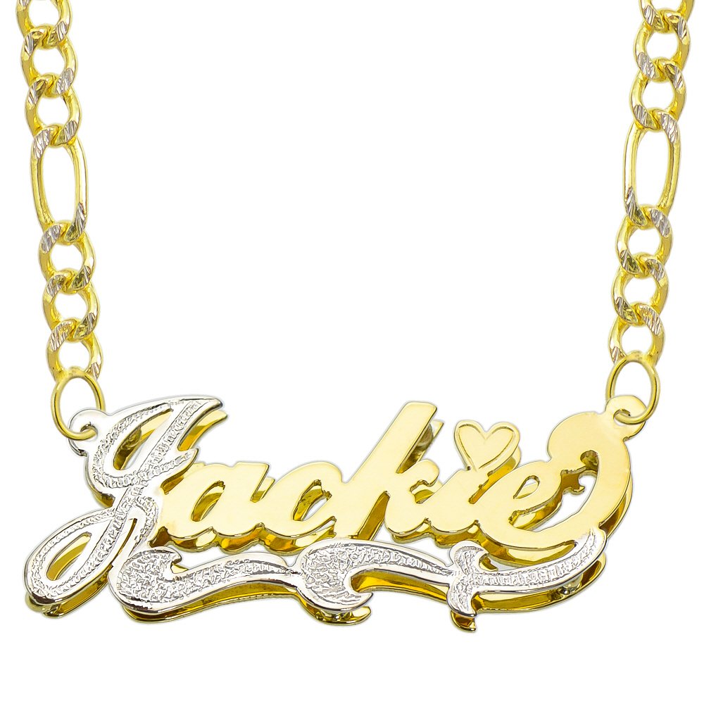 Win Jewelry 14K Two Tone Gold Personalized Double Plate 3D Name Necklace - Style 2 (18 Inches, White Pave Figaro Chain)