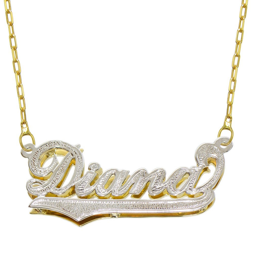 Pyramid Jewelry 14K Two Tone Gold Personalized Double Plate 3D Name Necklace - Style 3 (16 Inches, Oval Rolo Chain)