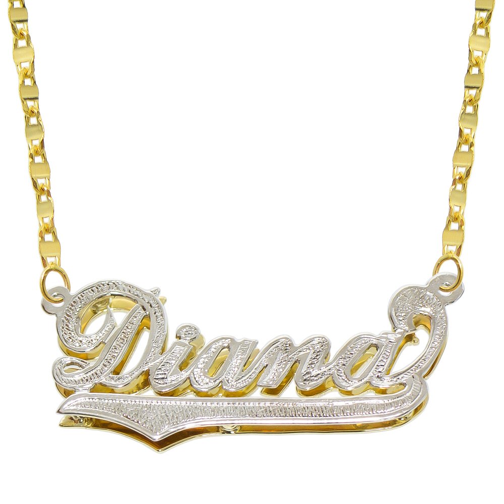 Pyramid Jewelry 14K Two Tone Gold Personalized Double Plate 3D Name Necklace - Style 3 (20 Inches, Hammer Chain)