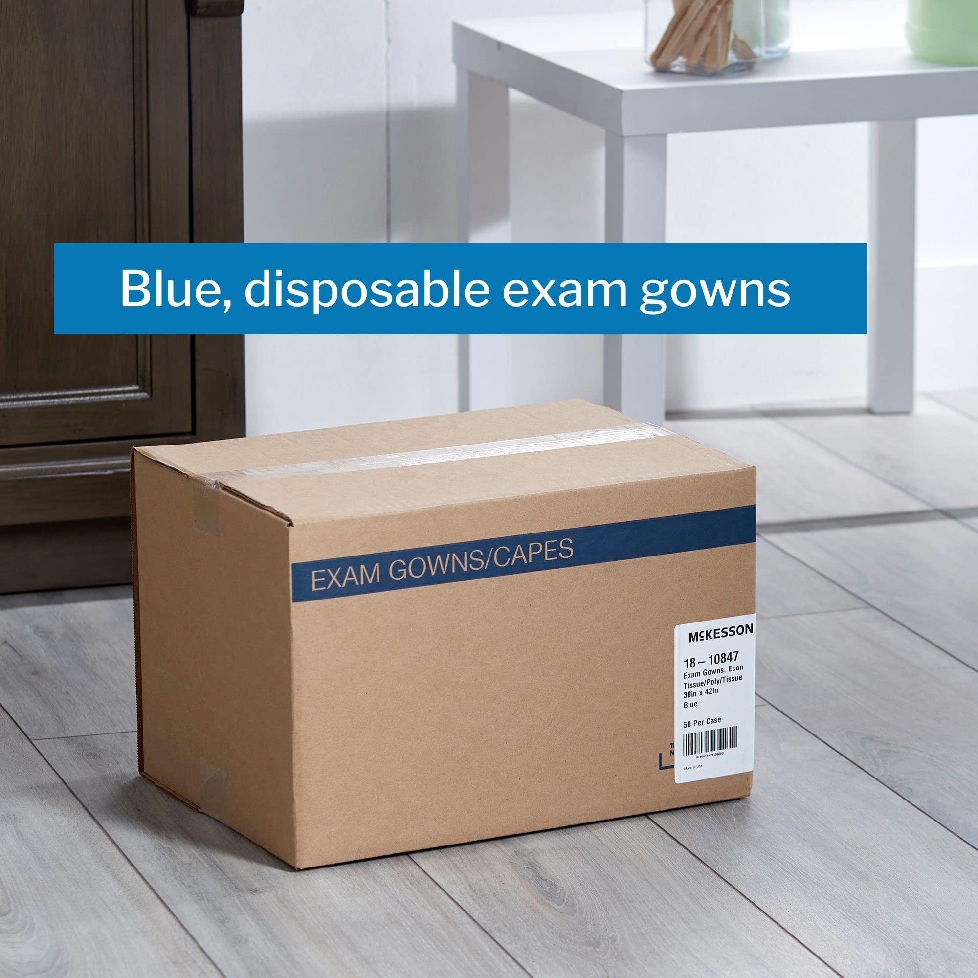 McKesson Patient Exam Gowns, Tissue/Polyester, Disposable, Blue, One Size Fits Most, 50 Count