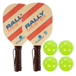 rally meister wood pickleball paddle bundle ( set included 2 paddles & 4 balls )