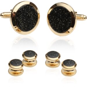 Cuff-Daddy Mens Black and Gold Cufflinks and Studs - Sparkly Gold and Black Diamond Dust Cufflinks and Studs Cuff Links with Jewelry Presentation Box - 7/8" cufflinks, 3/8" studs Mens Shirt