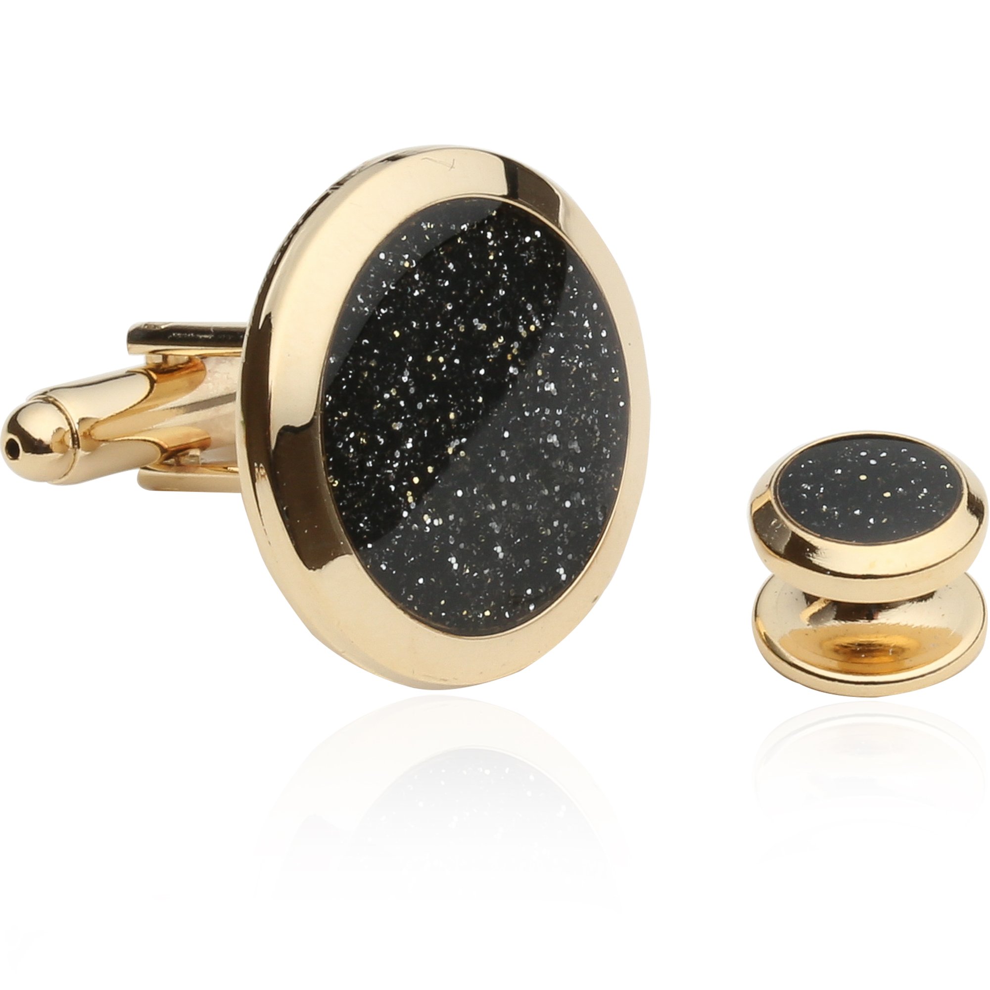 Cuff-Daddy Mens Black and Gold Cufflinks and Studs - Sparkly Gold and Black Diamond Dust Cufflinks and Studs Cuff Links with Jewelry Presentation Box - 7/8" cufflinks, 3/8" studs Mens Shirt