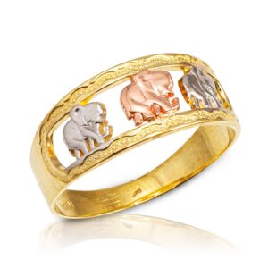 Animal Kingdom Polished 10k Tri-tone Gold Textured Openwork Band Three Elephant Ring (Size 7)