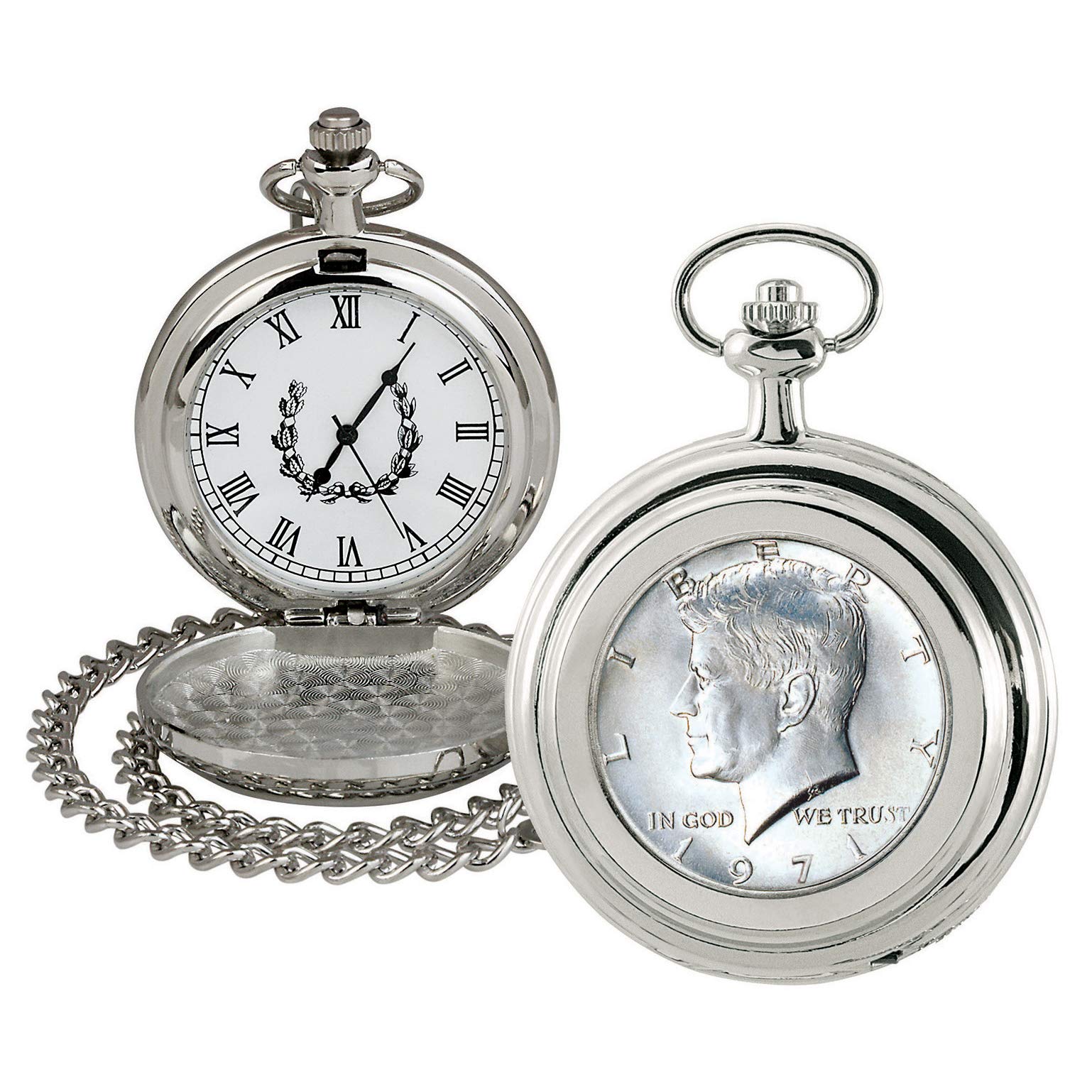 American Coin Treasures Coin Pocket Watch with Quartz Movement | JFK Half Dollar | Genuine U.S. Coin | Sweeping Second Hand, Roman Numerals | Silvertone Case | Certificate of Authenticity