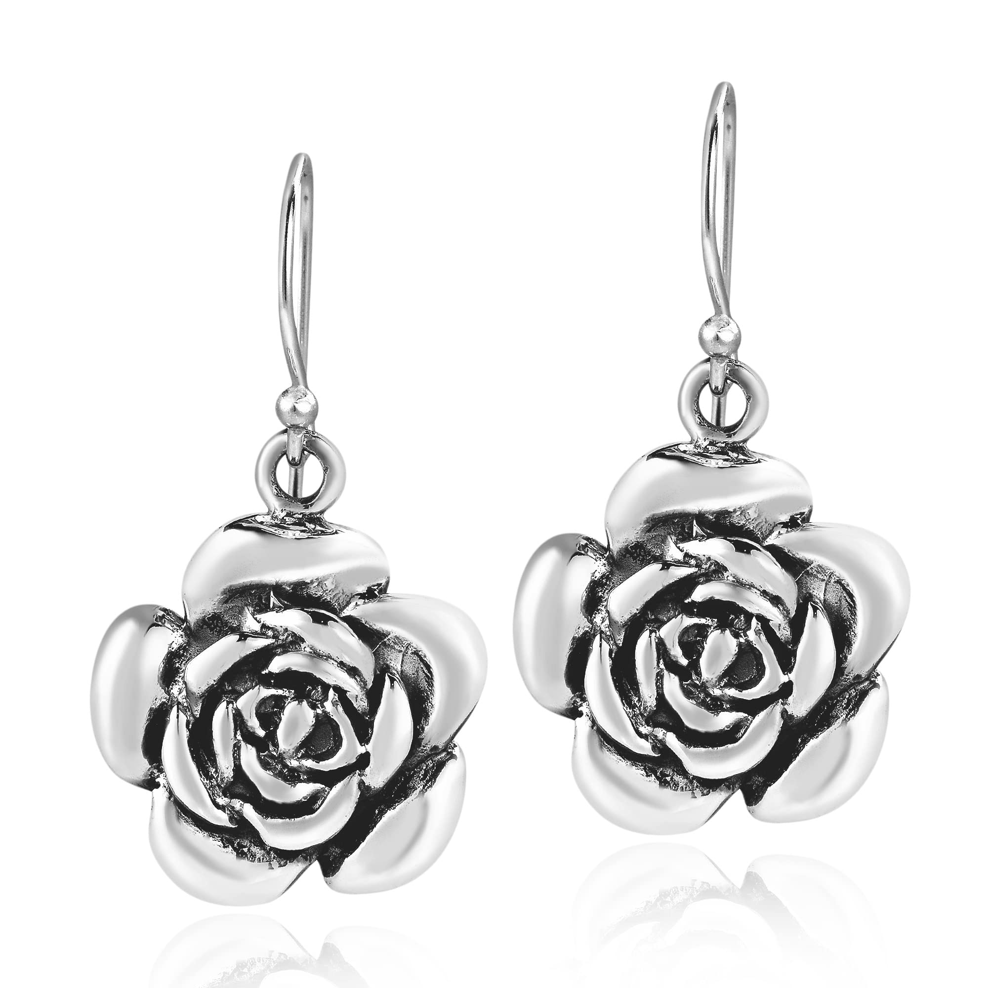 AeraVida Lovely Romantic Sweet Blooming Rose .925 Sterling Silver Dangle Earrings | Casual Sterling Silver Dangle Earring for Women | Jewelry Gift