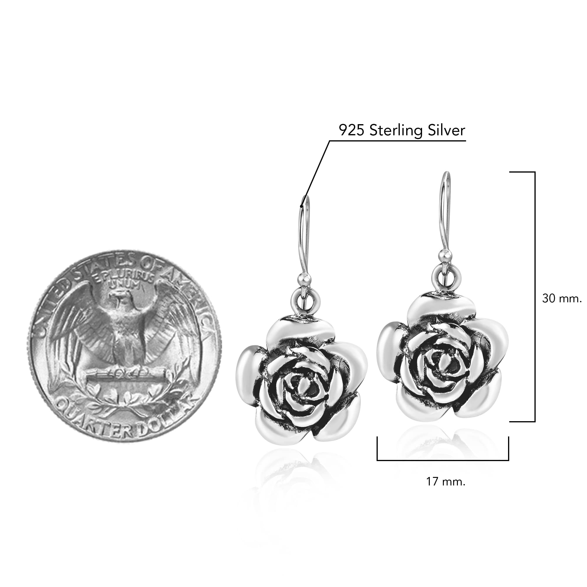 AeraVida Lovely Romantic Sweet Blooming Rose .925 Sterling Silver Dangle Earrings | Casual Sterling Silver Dangle Earring for Women | Jewelry Gift