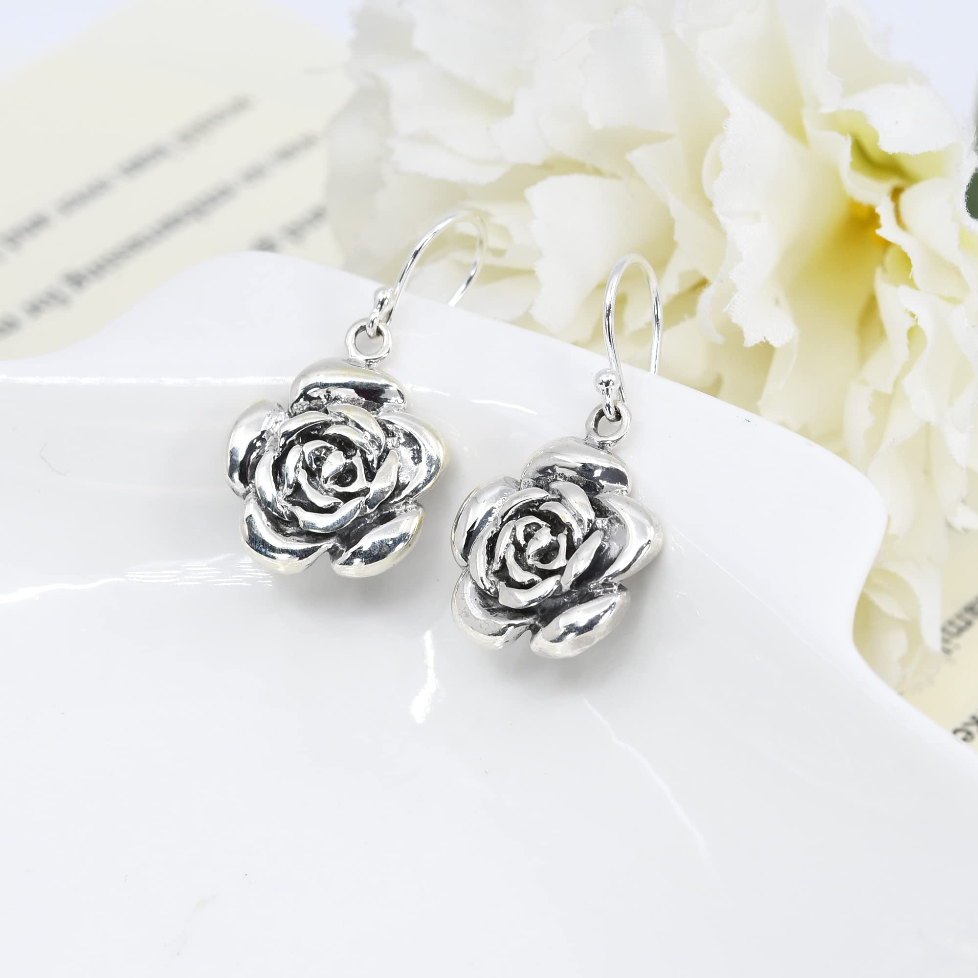 AeraVida Lovely Romantic Sweet Blooming Rose .925 Sterling Silver Dangle Earrings | Casual Sterling Silver Dangle Earring for Women | Jewelry Gift