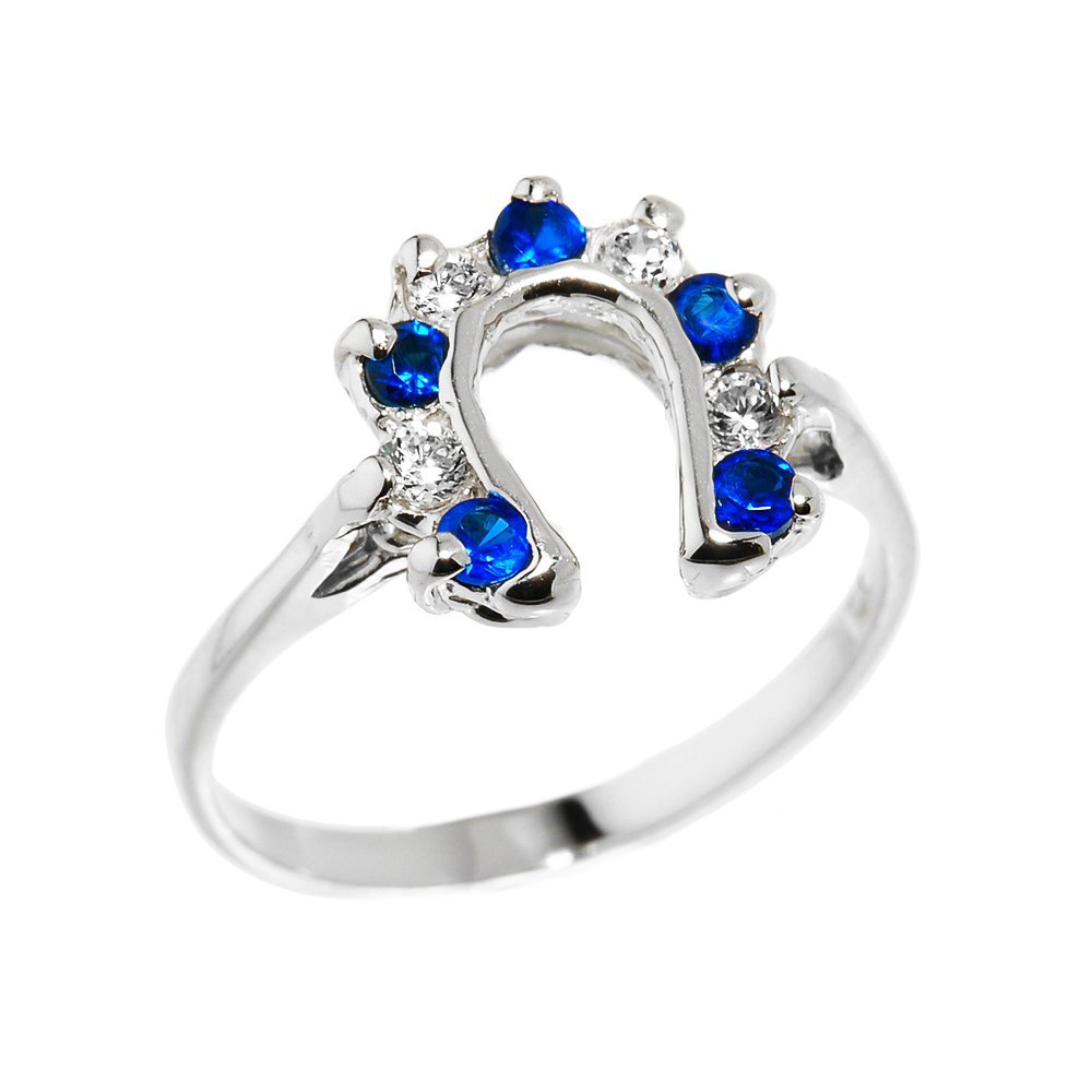 Ladies 925 Sterling Silver White and Blue CZ Alternating Stone Lucky Horseshoe Ring (Size 12)