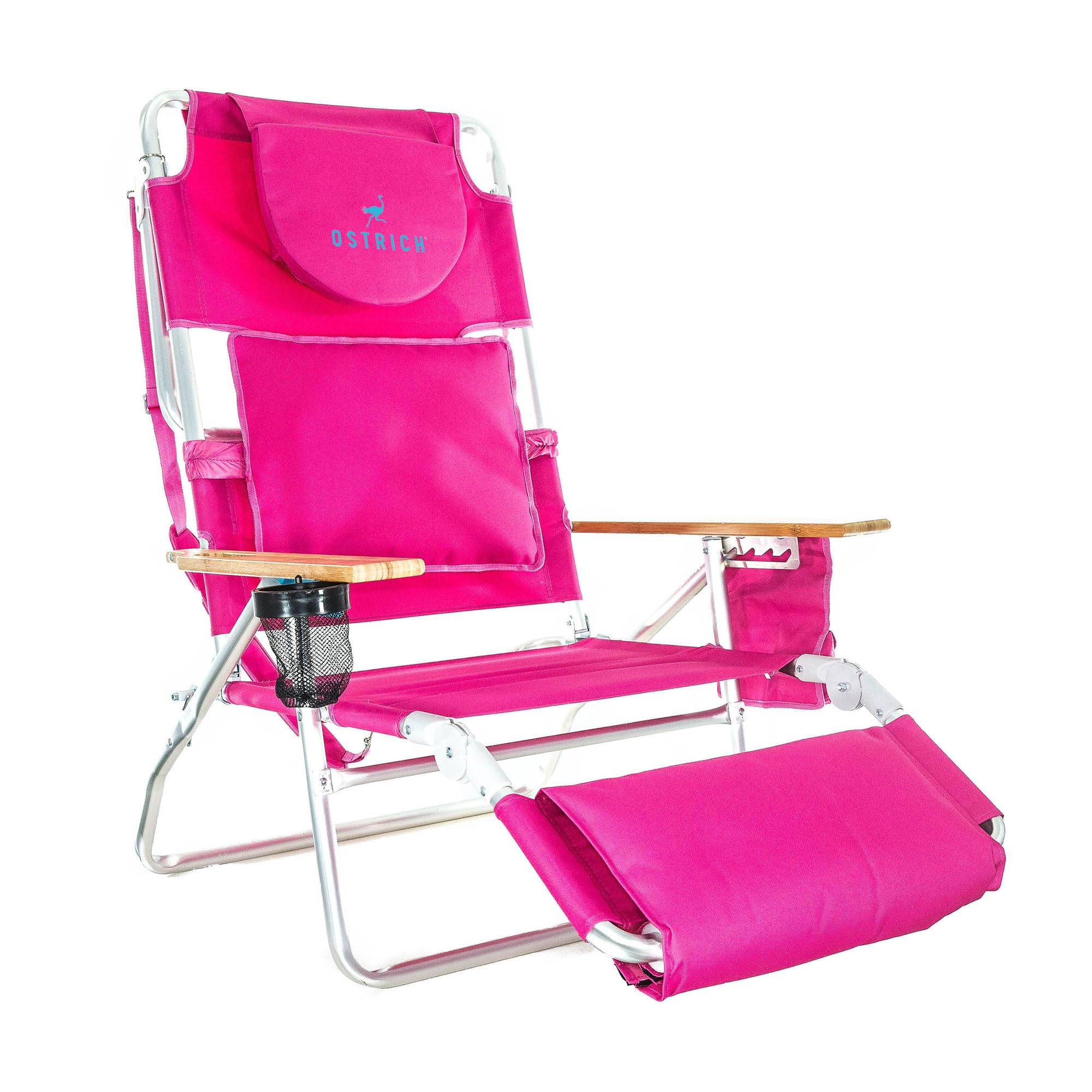 Ostrich Deluxe 3 in 1 Beach Chair with Face Opening - Portable, Reclining Lounger for Tanning - Face Hole for Reading on Stomach - Padded Footrest, Removable Pillow - Aluminum