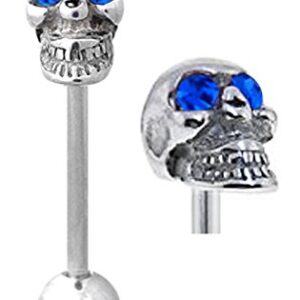 Blue Eyes Stainless Steel Skull Head Barbell Tongue Ring Body Piercing Jewelry bar Rings - 14g