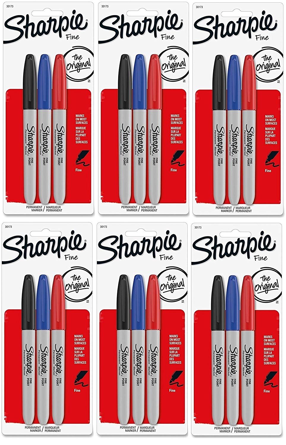 Sharpie 30173PP Permanent Markers (Pack of 6), Fine Point, Assorted Colors, 6 Blister of 3 Markers, 18 Markers Total