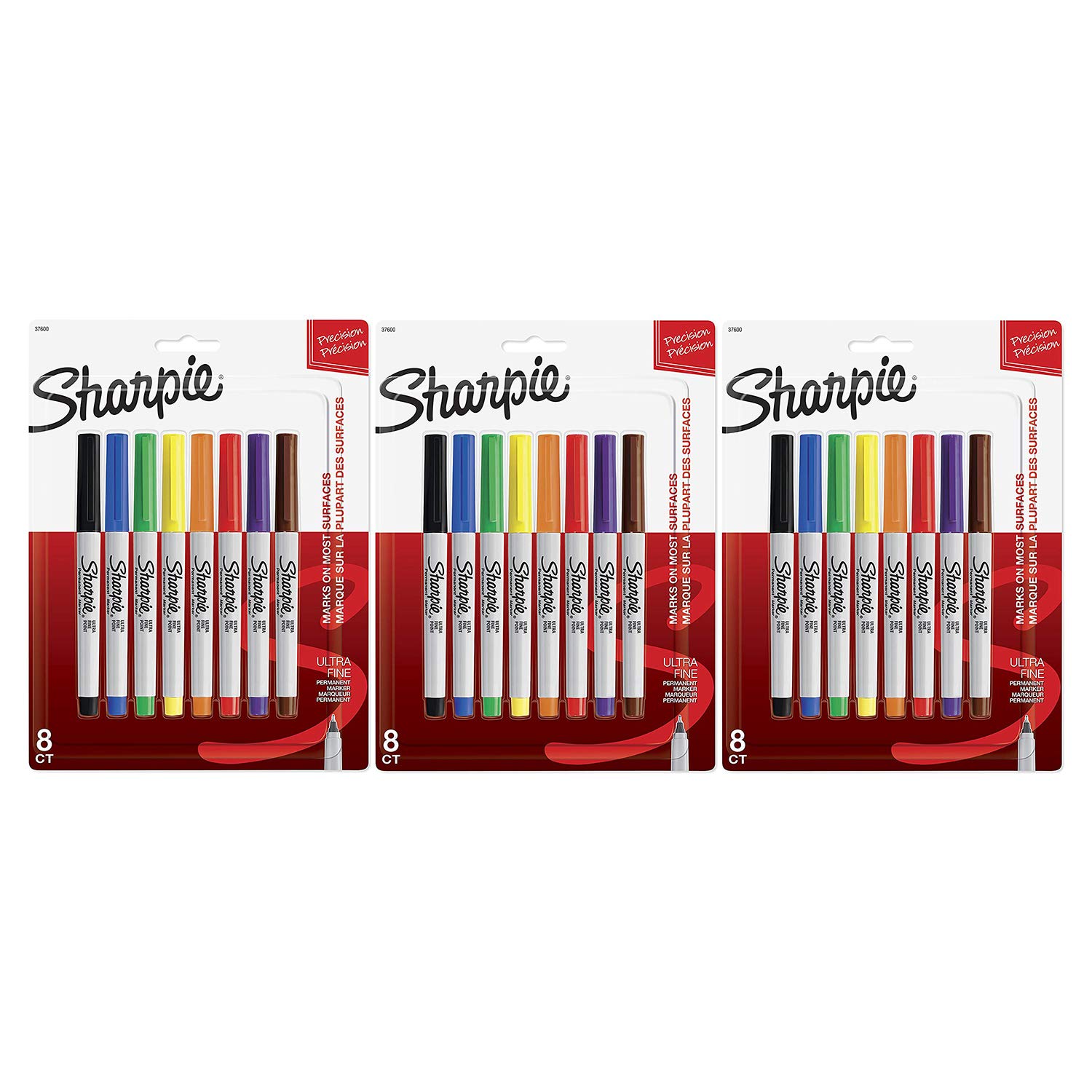 Sharpie 37600PP Ultra Fine Point Permanent Markers (Pack of 3), Classic Colors, 8 Count per Pack, 24 Markers Total; Remarkably Resilient Ink Dries Quickly and Resists Both Fading and Water