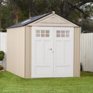 Rubbermaid Resin Outdoor Storage Shed With Floor (7 x 10.5 Ft), Weather Resistant, Beige/White, Organization for Home/Backyard/Garden Tools/Lawn Mower/Bike Storage/Pool Supplies