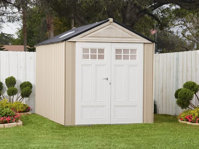 Rubbermaid Resin Outdoor Storage Shed With Floor (7 x 10.5 Ft), Weather Resistant, Beige/White, Organization for Home/Backyard/Garden Tools/Lawn Mower/Bike Storage/Pool Supplies