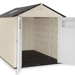 Rubbermaid Resin Outdoor Storage Shed With Floor (7 x 10.5 Ft), Weather Resistant, Beige/White, Organization for Home/Backyard/Garden Tools/Lawn Mower/Bike Storage/Pool Supplies