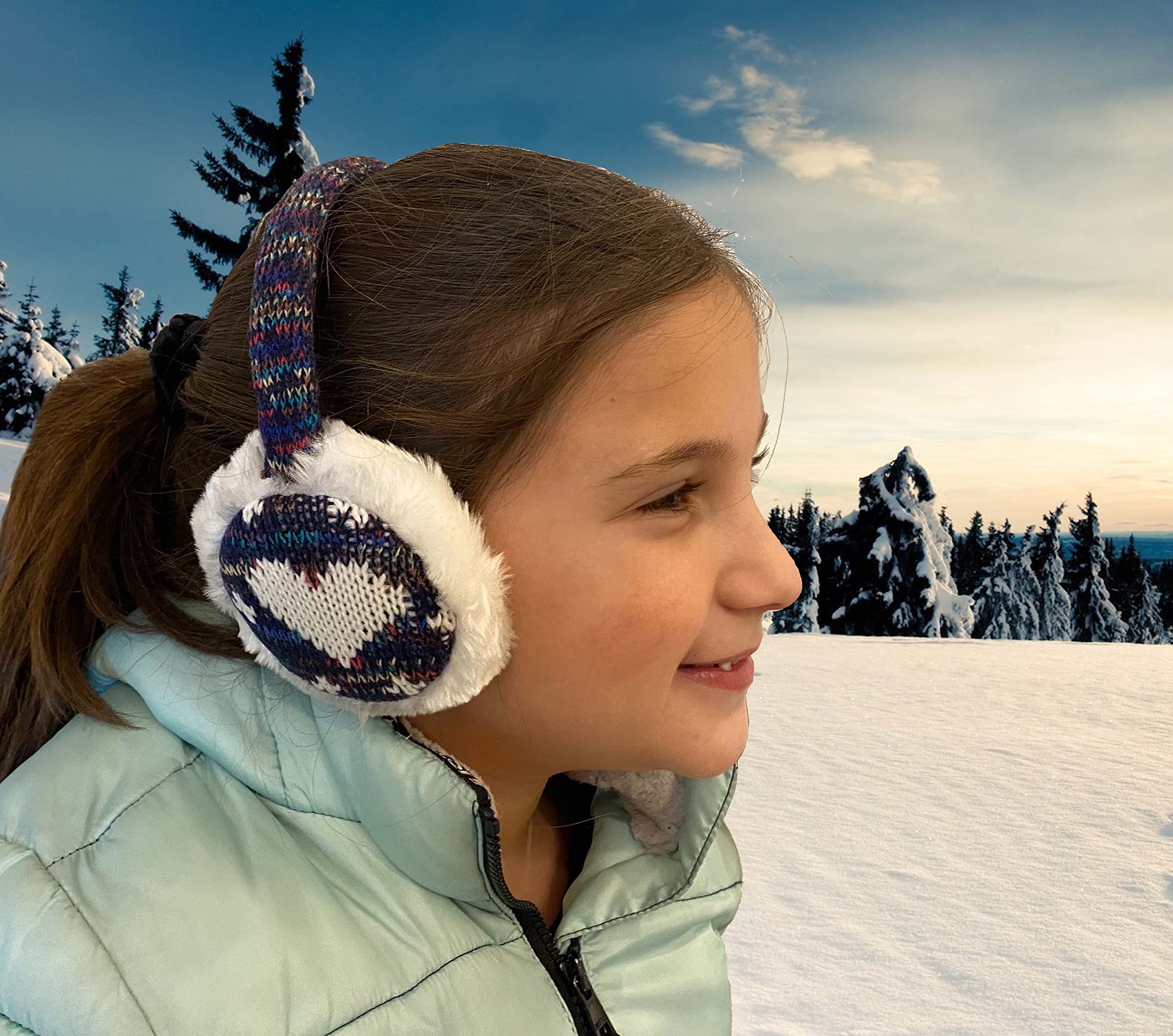 N'Ice Caps Girls Faux Fur Ear Muff with Knitted Heart Design (One size fits all, Winter White Hearts)