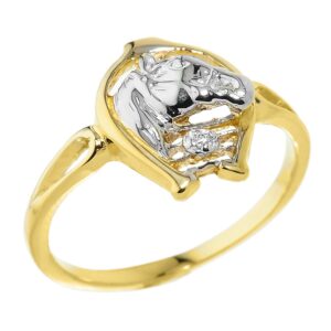 14k Yellow Gold Solitaire Diamond Horseshoe with Horse Head Ring (Size 6)