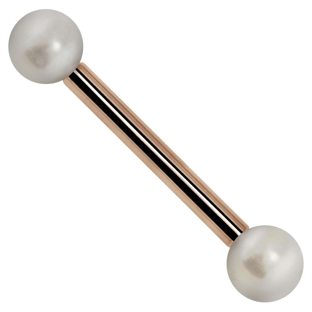 14G 3/4" Chinese Freshwater Cultured Pearl 14k Rose Gold Straight Barbell Tongue Nipple Ring