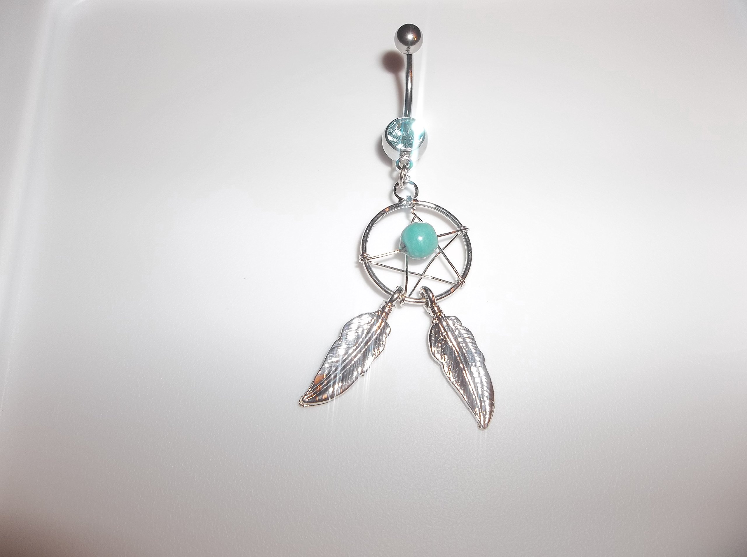 316L Surgical Steel Silver and Baby Blue in Color 14 Gauge Dream Catcher Belly Ring