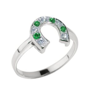 Fine 925 Sterling Silver Green and White CZ Lucky Horseshoe Ring (Size 10.25)