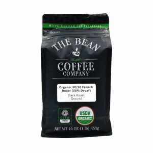 the bean organic coffee company 50/50 (half caff) french roast, 50% decaf, dark roast, ground coffee, 16-ounce bag, café molido tostado orgánico descafeinado