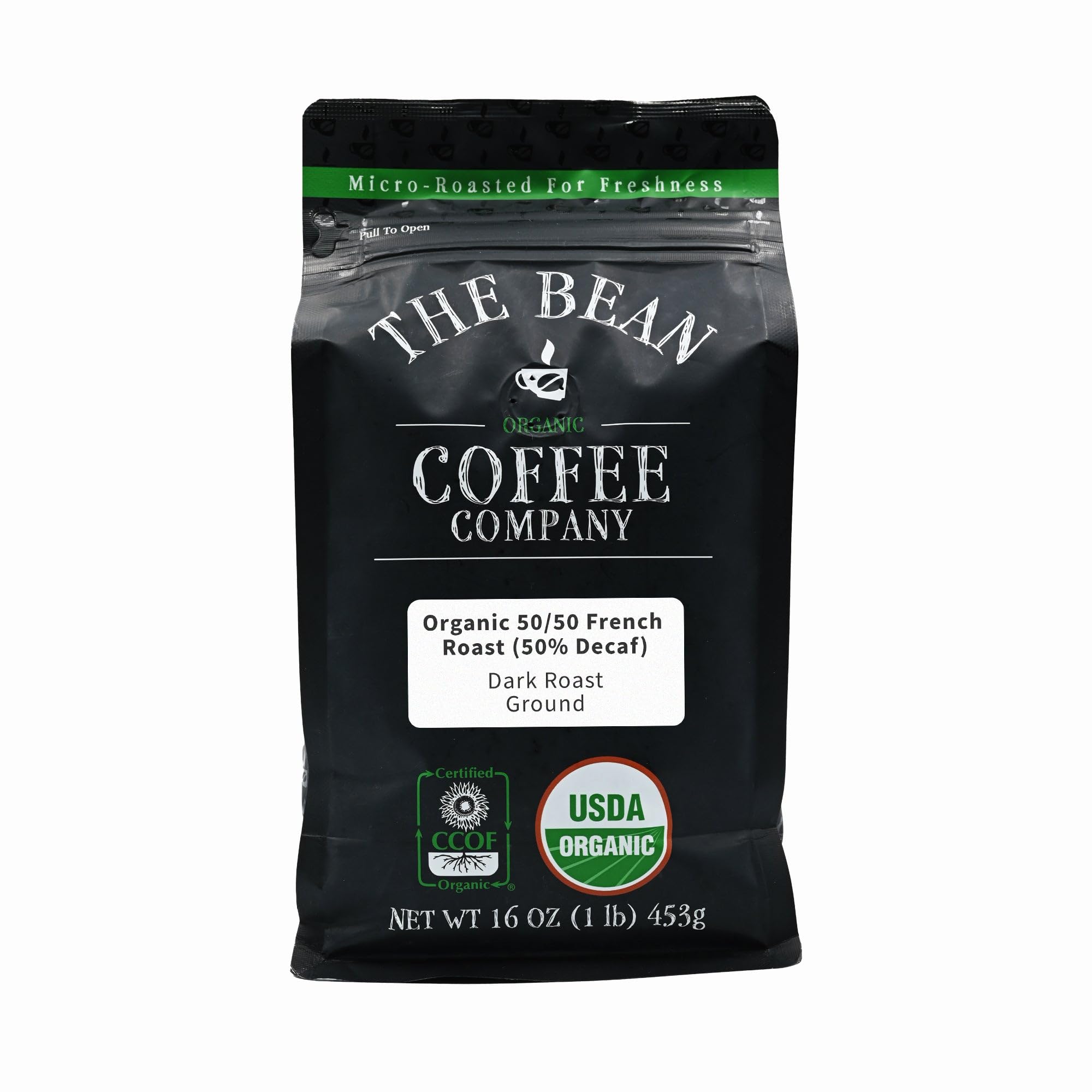 The Bean Organic Coffee Company 50/50 (Half Caff) French Roast, 50% Decaf, Dark Roast, Ground Coffee, 16-Ounce Bag, Café Molido Tostado Orgánico descafeinado