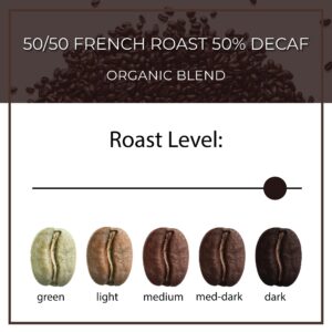 The Bean Organic Coffee Company 50/50 (Half Caff) French Roast, 50% Decaf, Dark Roast, Ground Coffee, 16-Ounce Bag, Café Molido Tostado Orgánico descafeinado