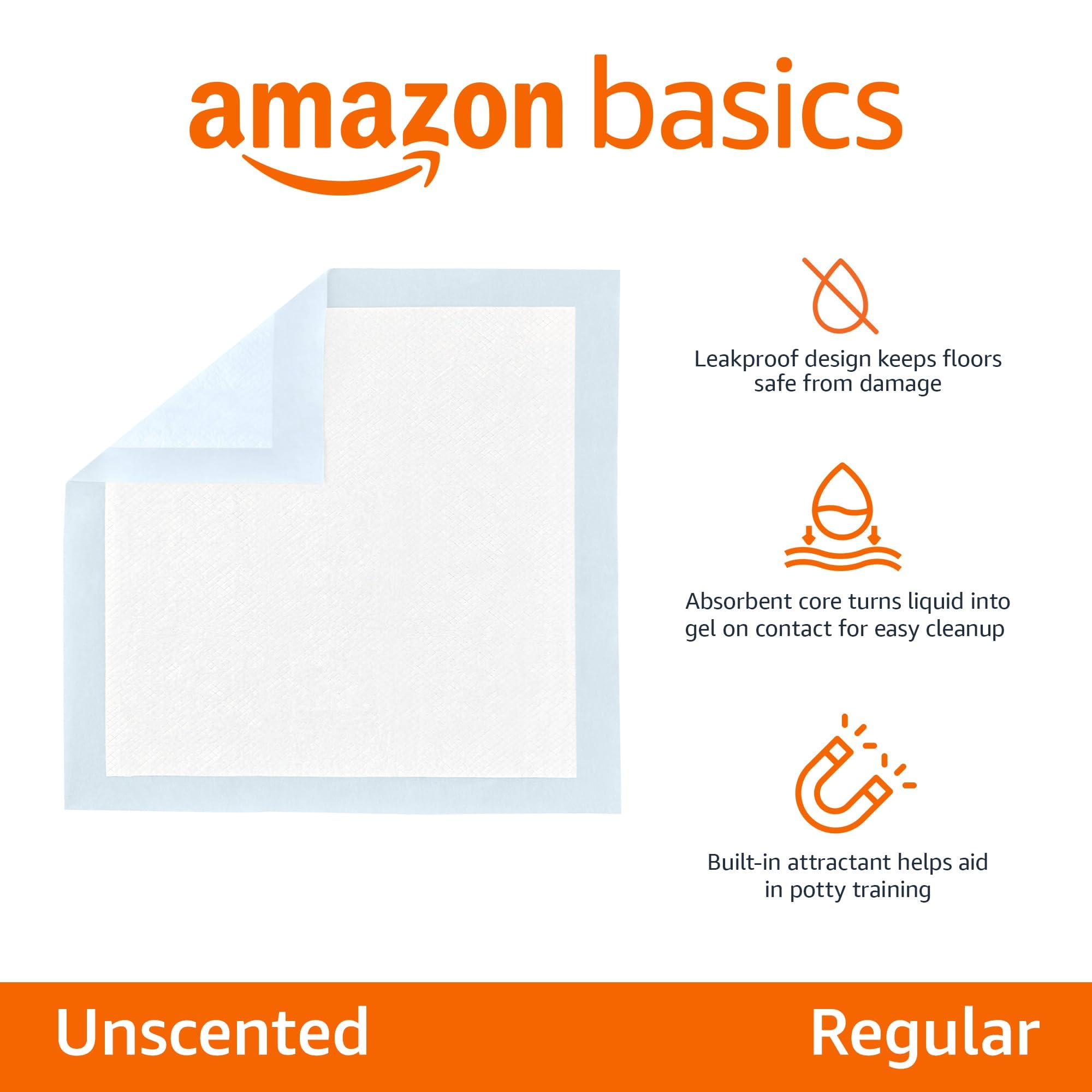 Amazon Basics Dog and Puppy Pee Pads with Leak-Proof Quick-Dry Design for Potty Training, Standard Absorbency, Regular Size, 22 x 22 Inches, Pack of 150, Blue & White